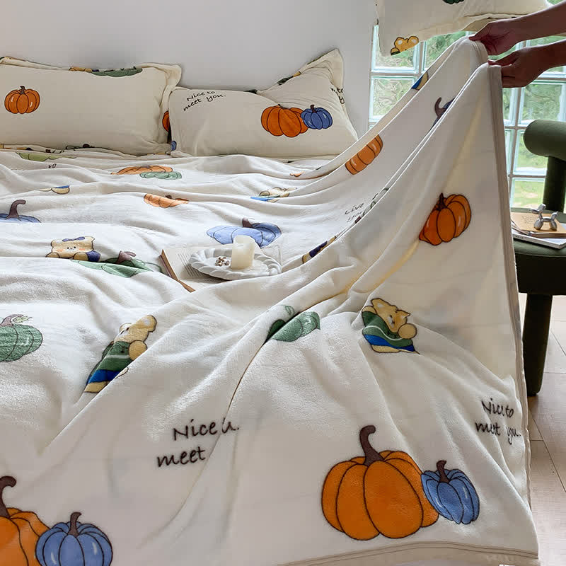 Cartoon Pumpkin Cute Bear Flannel Blanket