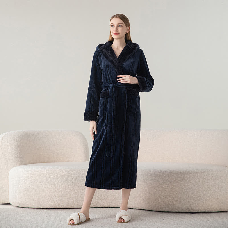 Fleece Hooded Winter Long Bathrobe - Navy Blue - Women XL - image 8