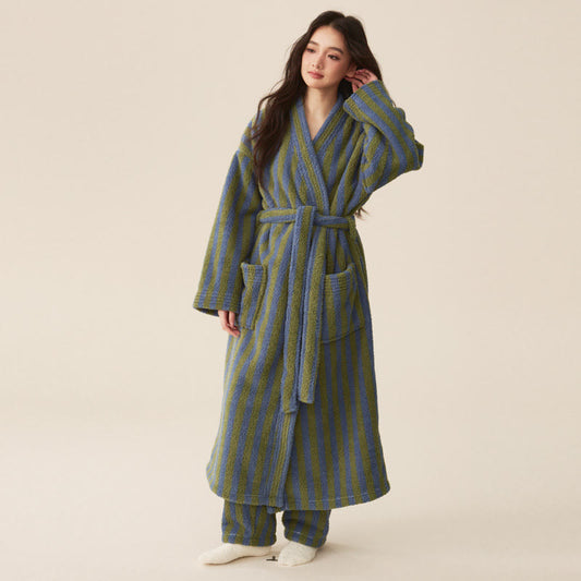 Winter Fleece Modern Stripe Long Bathrobe - Bathrobe with pants - Dark Green - Women L - image 2
