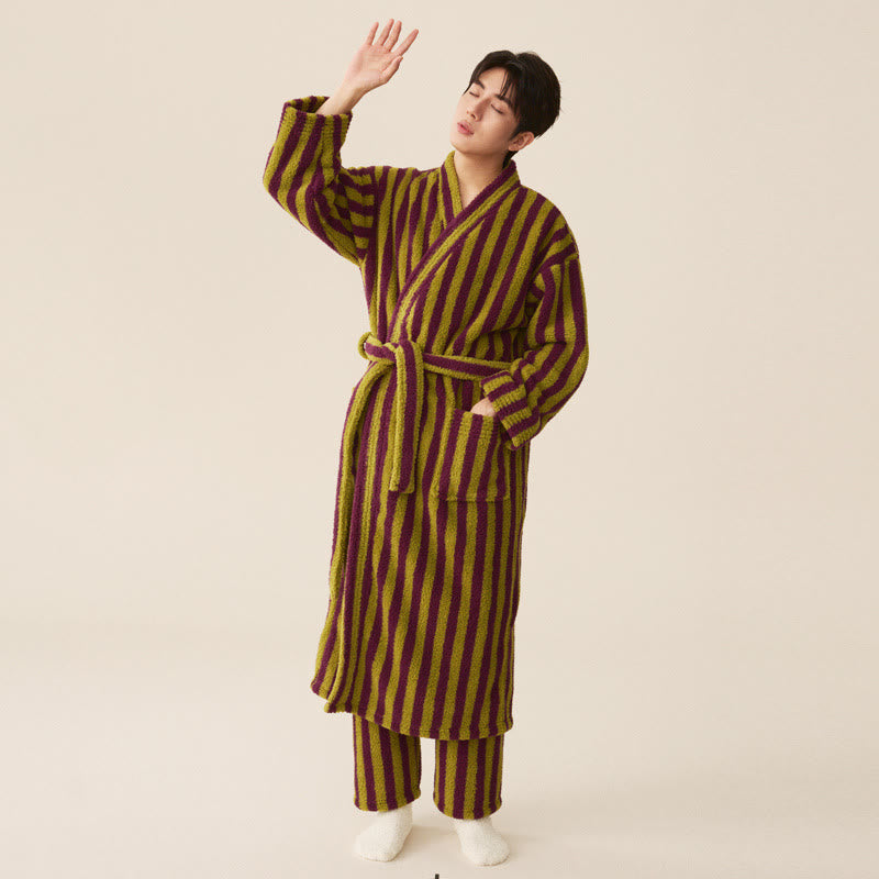 Winter Fleece Modern Stripe Long Bathrobe