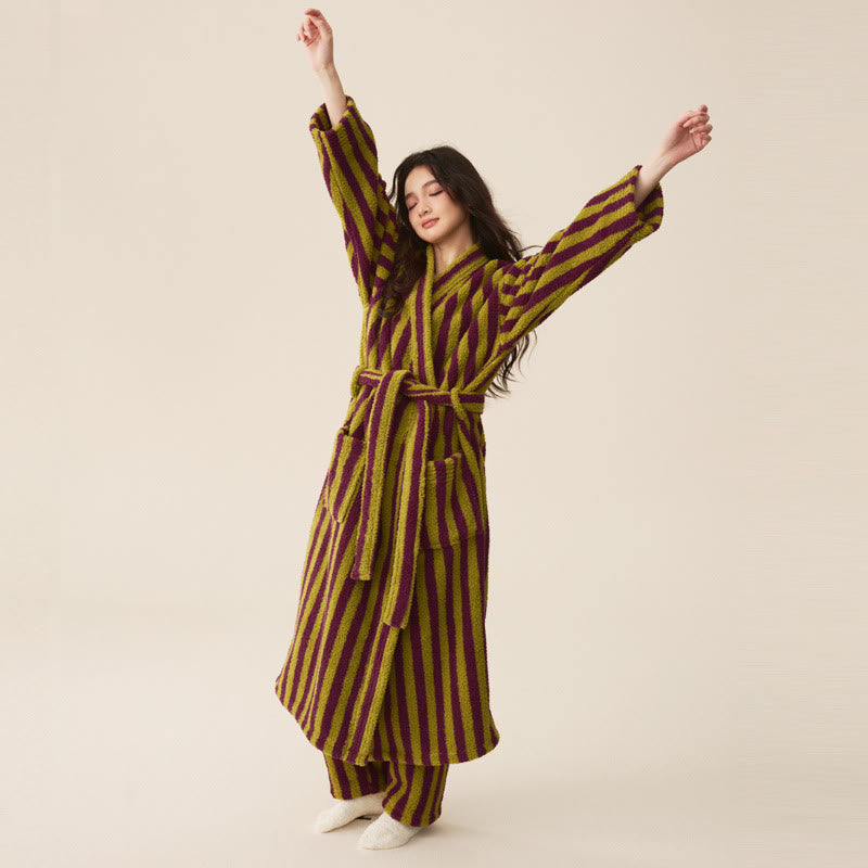 Winter Fleece Modern Stripe Long Bathrobe