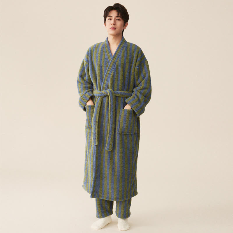 Winter Fleece Modern Stripe Long Bathrobe - Bathrobe with pants - Dark Green - Men L - image 3