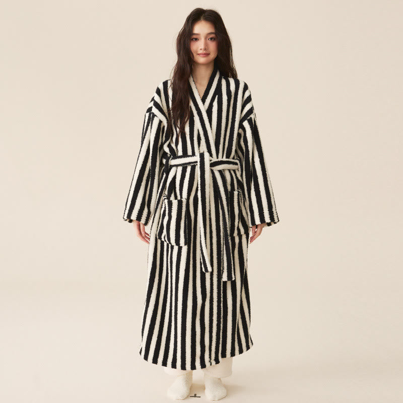 Winter Fleece Modern Stripe Long Bathrobe - Bathrobe with pants - Black & White - Women XL - image 8
