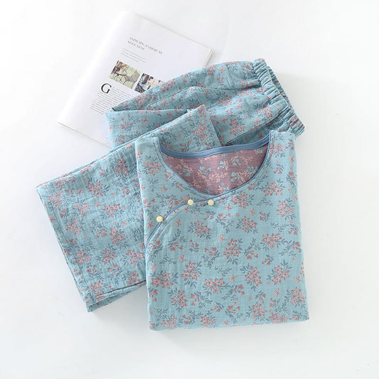 Round-neck Jacquard Flower Cotton Pajama Set