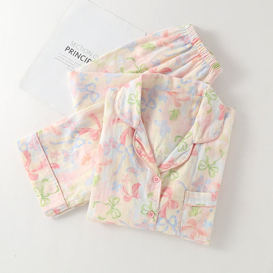 Cotton Gauze Girly Bow-knot Pajama Set