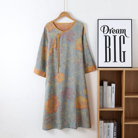 Long Sleeve Cotton Gauze Floral Nightdress - Gray Blue - L - image 1