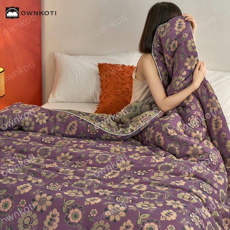 Elegant Floral Reversible Jacquard Cotton Quilt