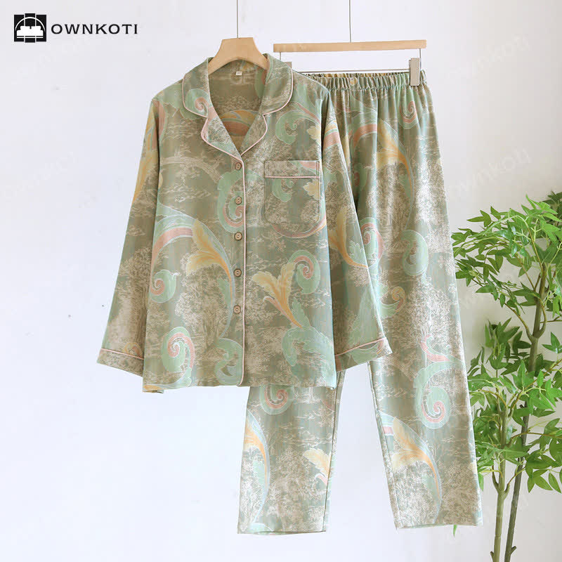 Retro Cotton Gauze Couple Pajama Set - Light Green - Women XL - image 9