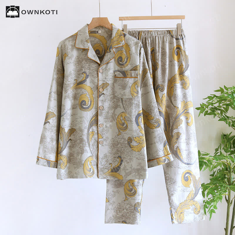 Retro Cotton Gauze Couple Pajama Set - Light Gray - Men XL - image 10