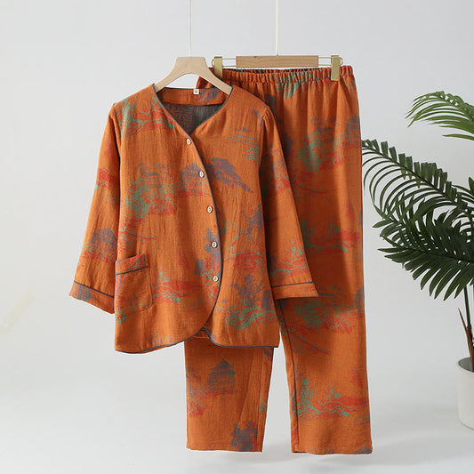 Cotton Gauze Long-sleeve Jacquard Pajama Set