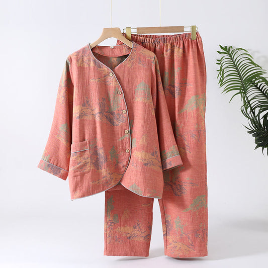 Cotton Gauze Long-sleeve Jacquard Pajama Set - Pink - XL - image 2