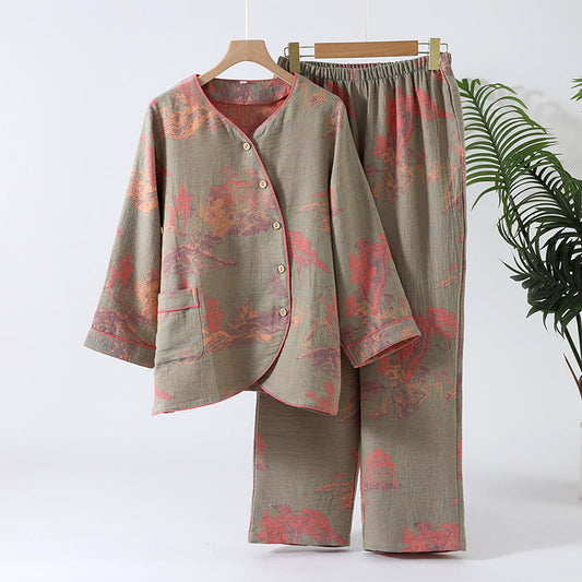 Cotton Gauze Long-sleeve Jacquard Pajama Set - Light Green - XL - image 1