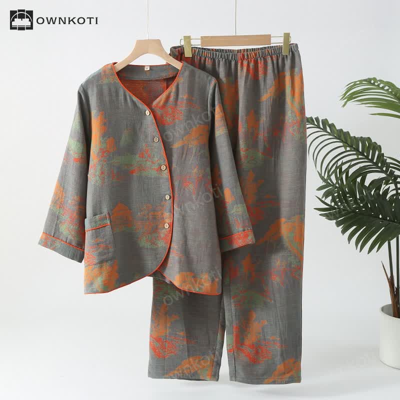 Cotton Gauze Long-sleeve Jacquard Pajama Set