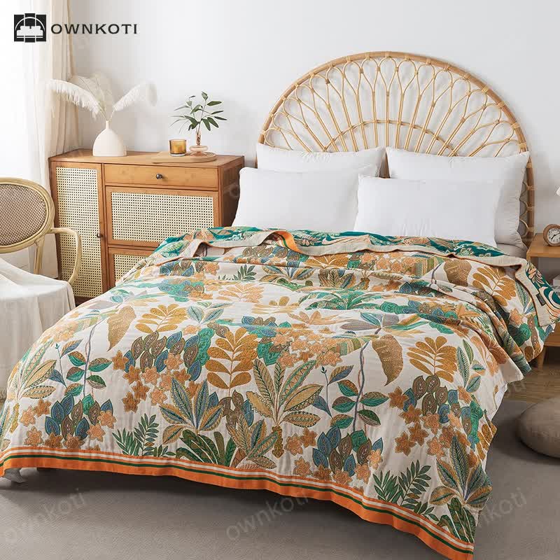 Palm Leaf Cotton Gauze Reversible Quilt