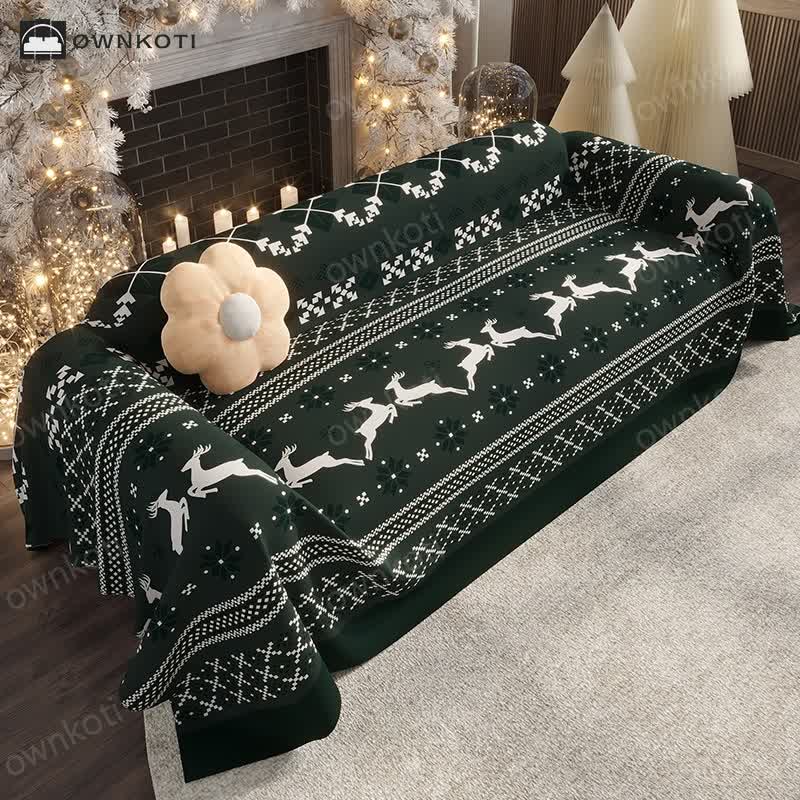 Christmas Festive Elk Chenille Couch Cover