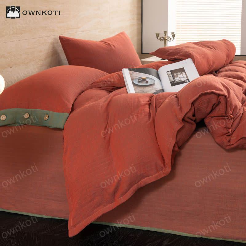 Cotton Gauze Solid Color Button Bedding Set (4PCS)