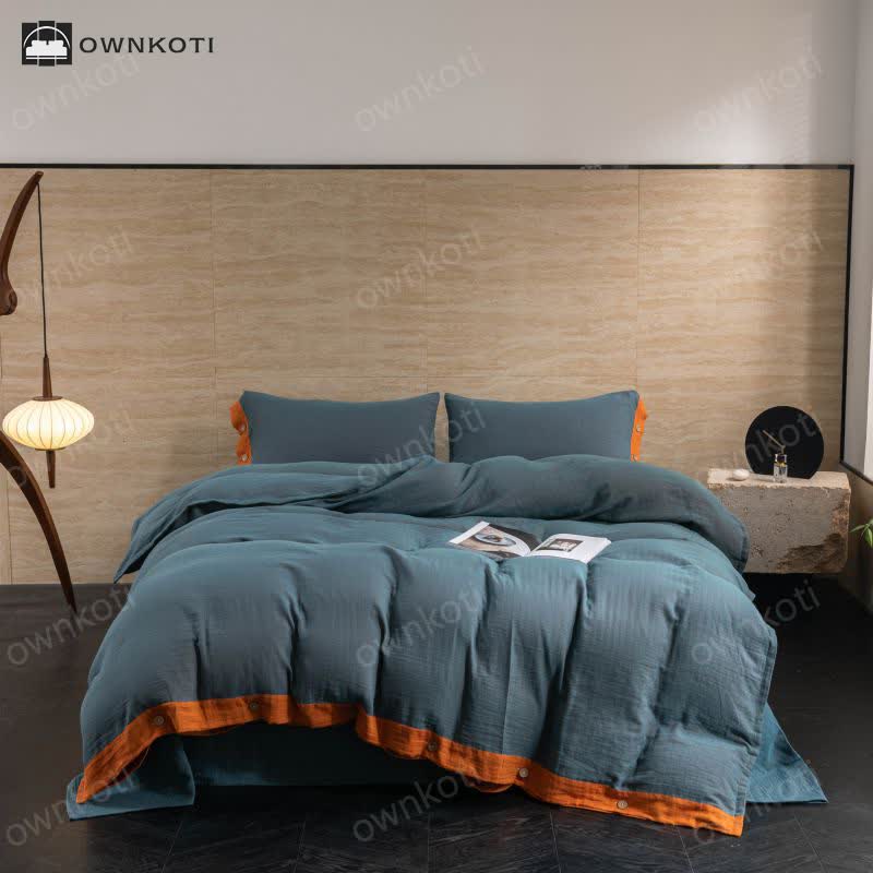 Cotton Gauze Solid Color Button Bedding Set (4PCS)