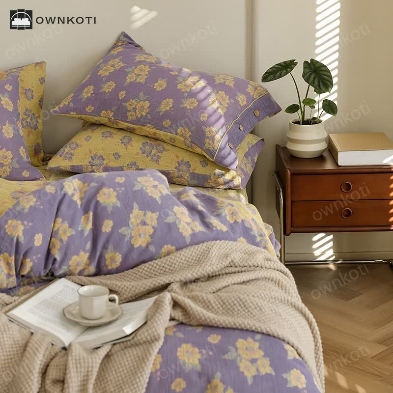 Jacquard Floral Button Cotton Gauze Bedding Set (4PCS)