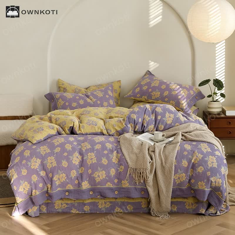 Jacquard Floral Button Cotton Gauze Bedding Set (4PCS)