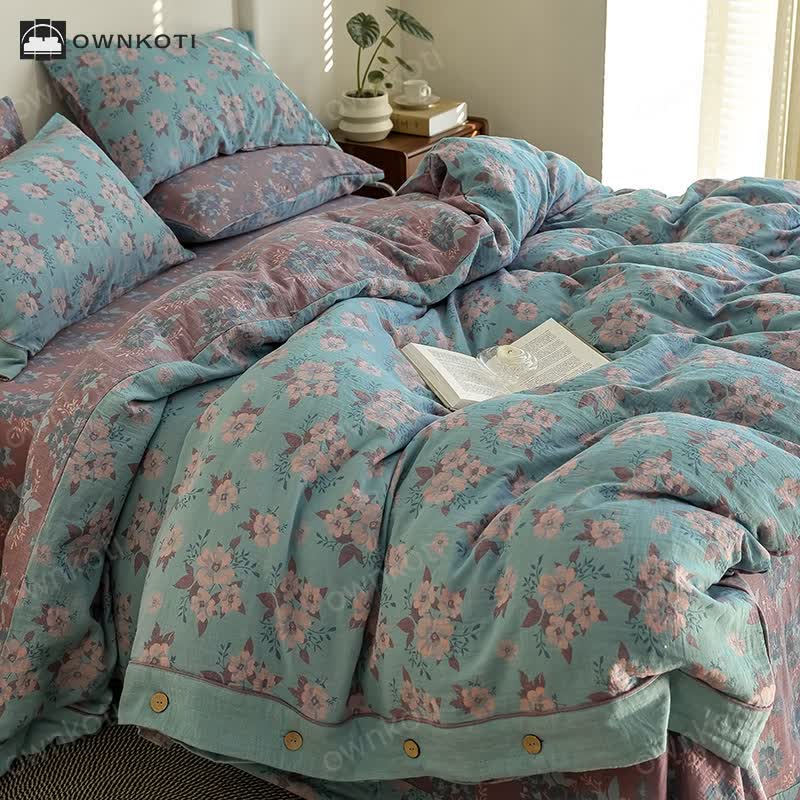 Jacquard Floral Button Cotton Gauze Bedding Set (4PCS)