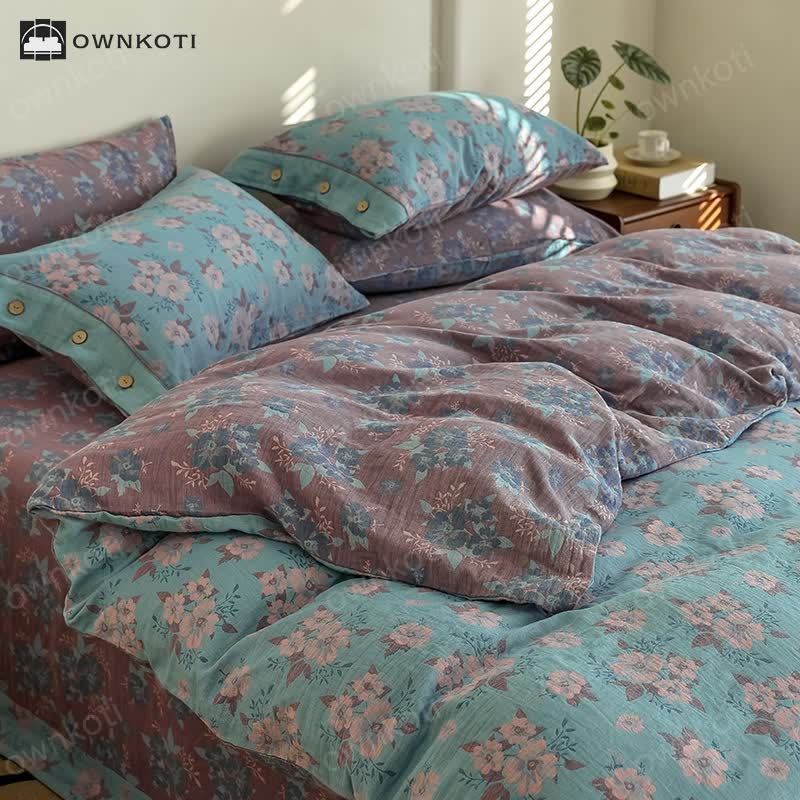 Jacquard Floral Button Cotton Gauze Bedding Set (4PCS)