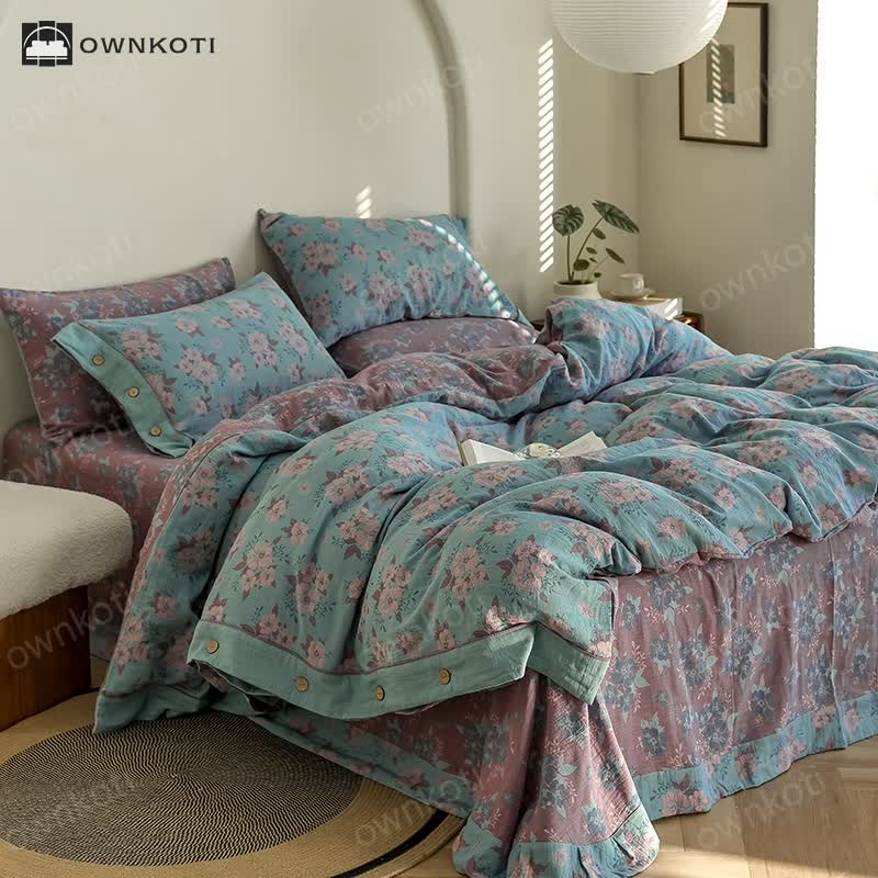 Jacquard Floral Button Cotton Gauze Bedding Set (4PCS)