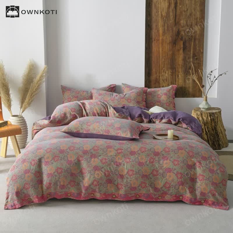 Floral Button Duvet Cover Bedding Set (4PCS)