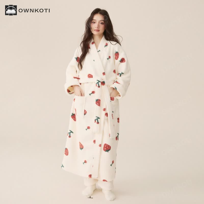 Winter Fleece Strawberry Cherry Long Bathrobe