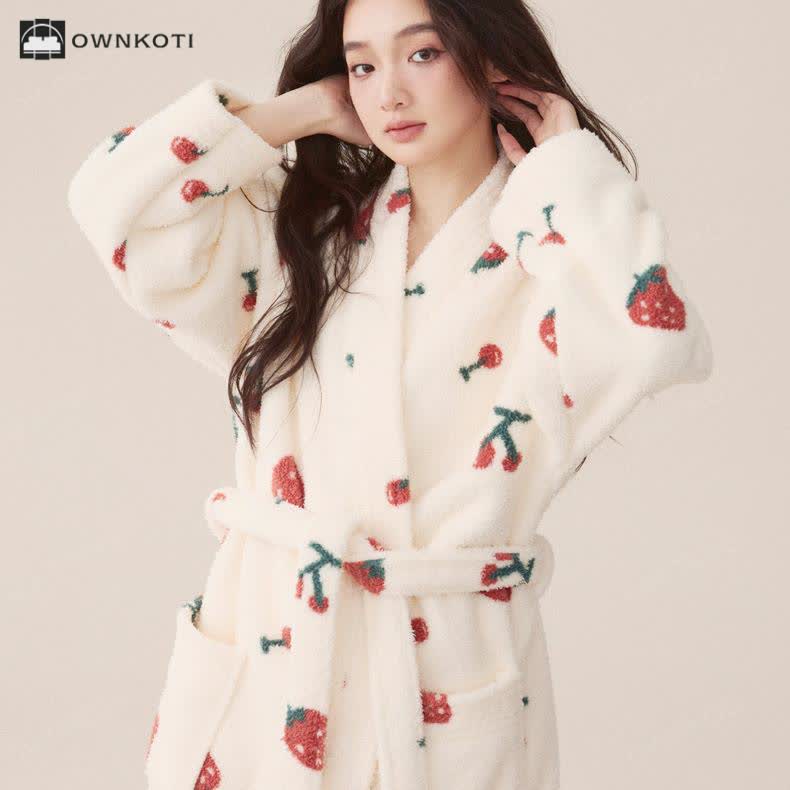 Winter Fleece Strawberry Cherry Long Bathrobe