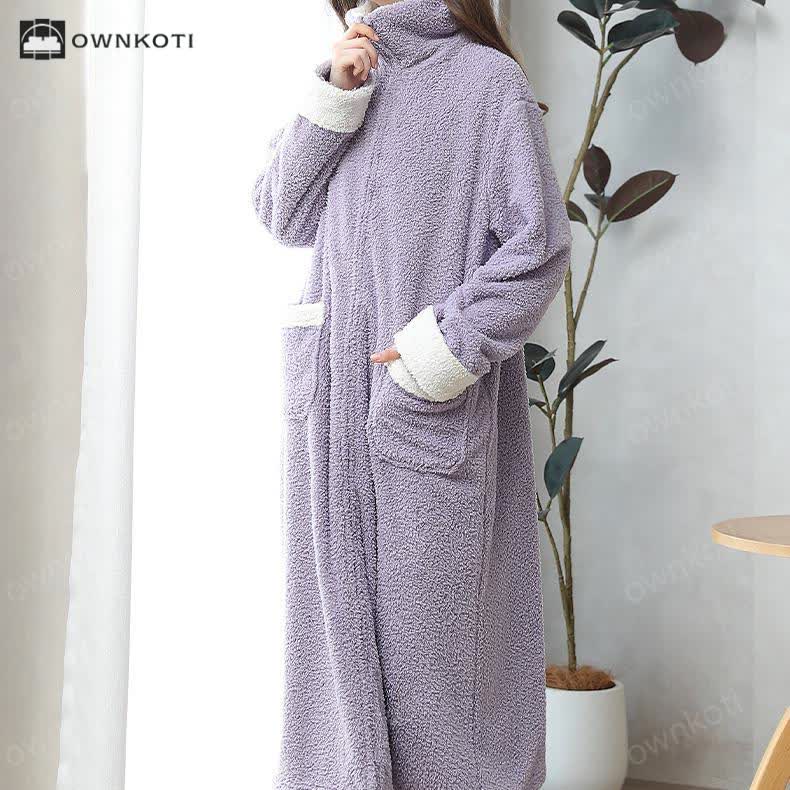 Soft Fleece Warm Zippered Long Nightgown