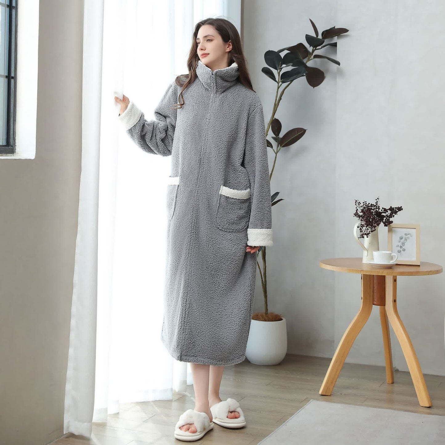 Soft Fleece Warm Zippered Long Nightgown