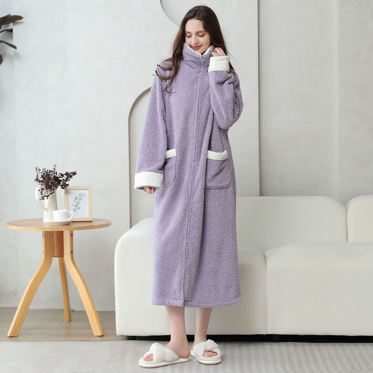 Soft Fleece Warm Zippered Long Nightgown