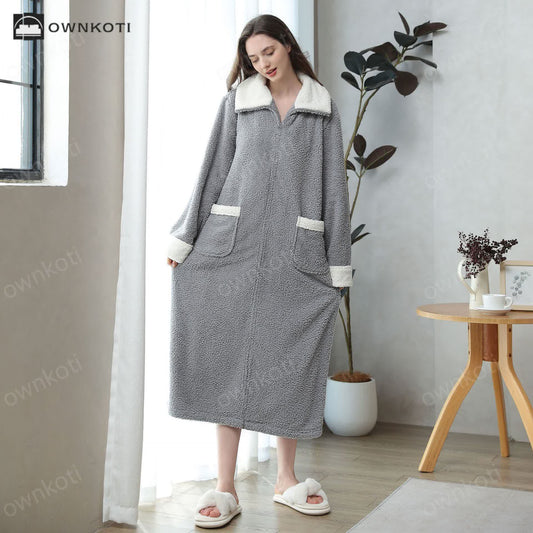 Soft Fleece Warm Zippered Long Nightgown