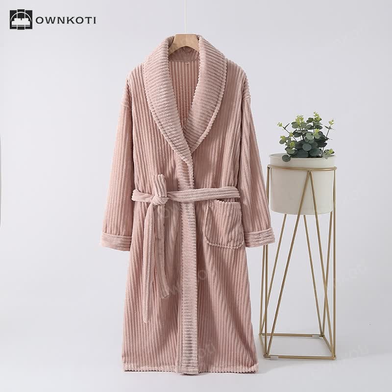 Solid Color Vertical Striped Flannel Bathrobe