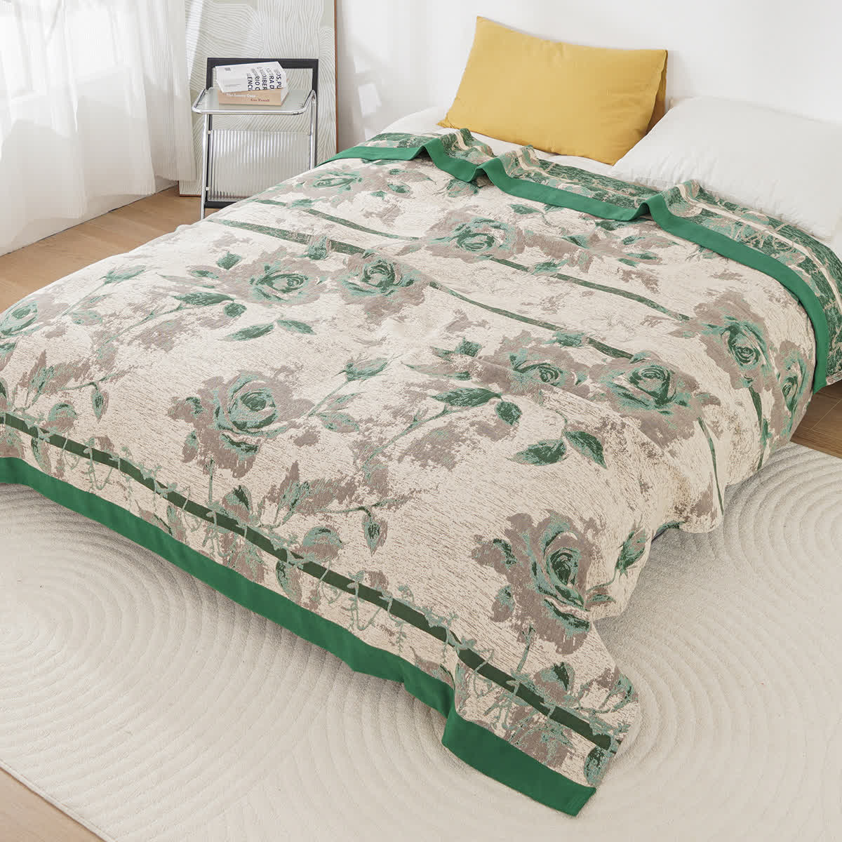Cotton Gauze Rose Print Comfy Quilt - Green - King - image 3