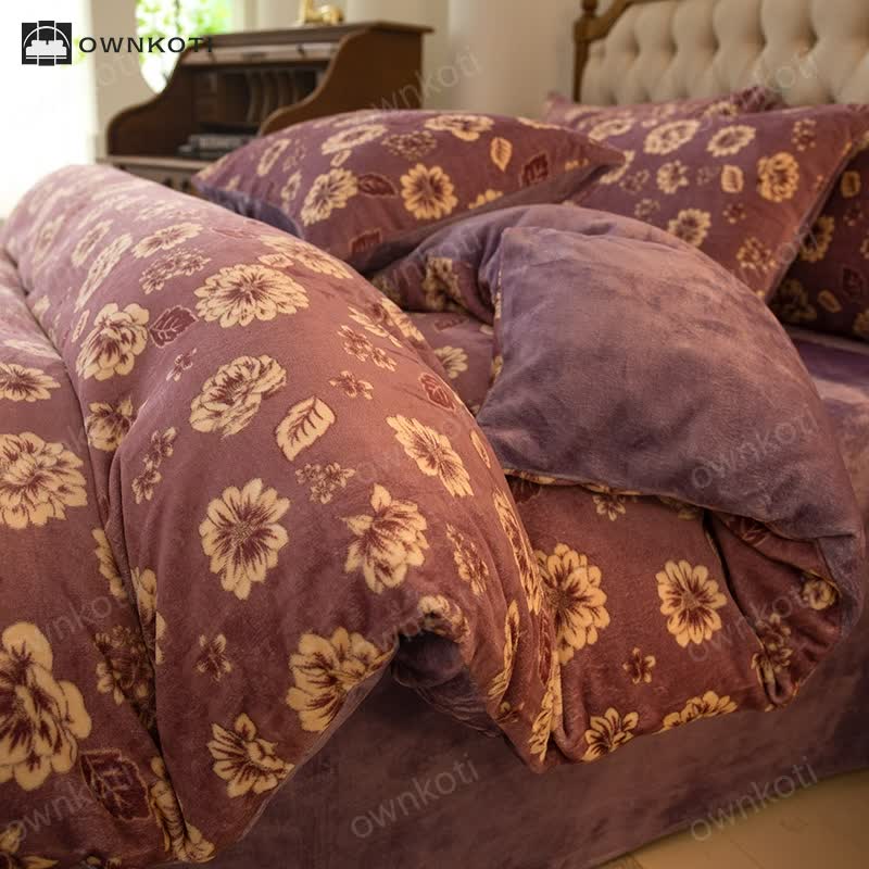 Elegant Floral Comfy Velvet Bedding Set(4PCS)