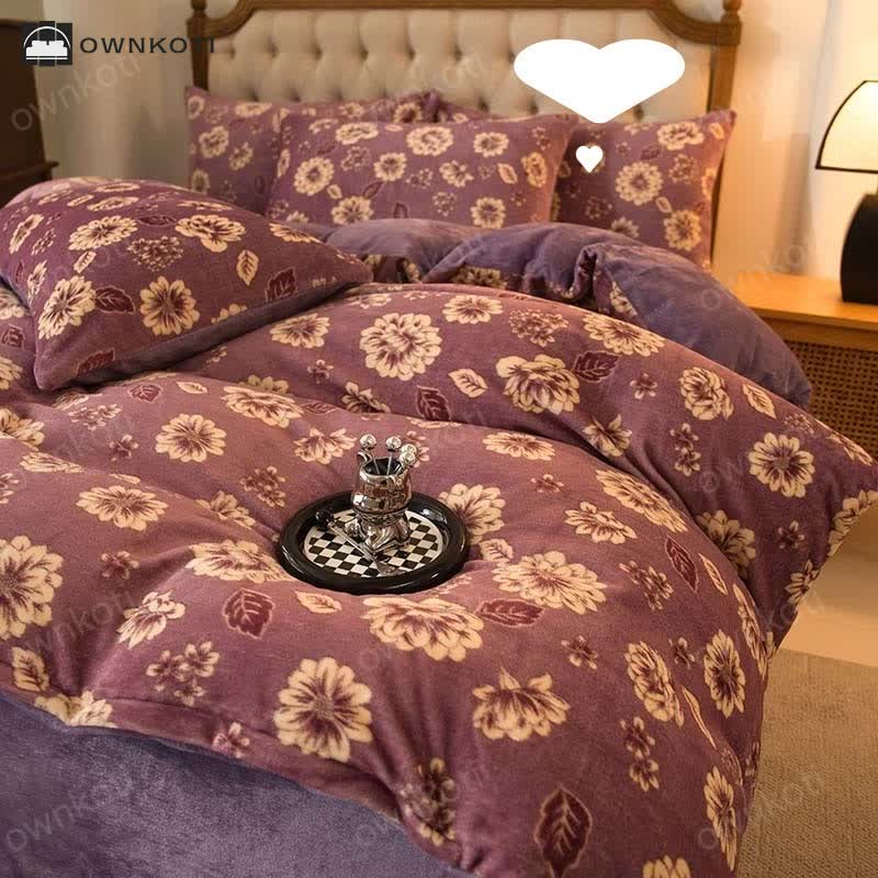 Elegant Floral Comfy Velvet Bedding Set(4PCS)