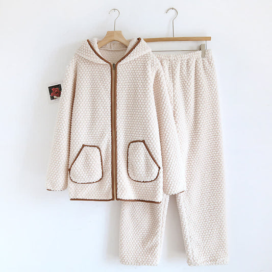 Warm Fleece Hooded Pajama Set - Beige - XL - image 1