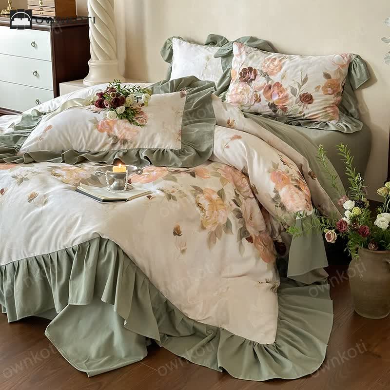 Brushed Cotton Floral Lace Edge Bedding Set (4PCS)