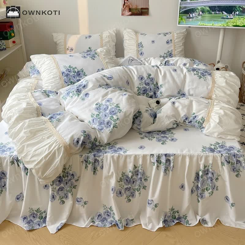 Cotton Duvet Cover Bed Skirt Bedding Set (4PCS)