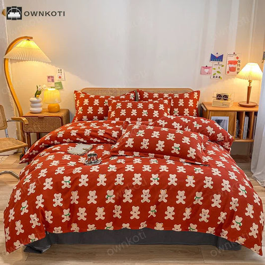 Brushed Pure Cotton Gingerbread Bear Bedding Set(4PCS)