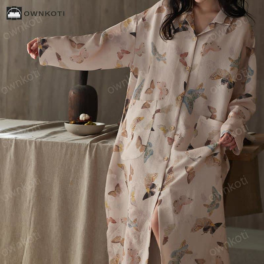 Cotton Gauze Butterfly Long Nightgown