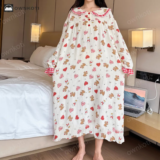 Plus Size Cotton Doll Collar Long Nightgown