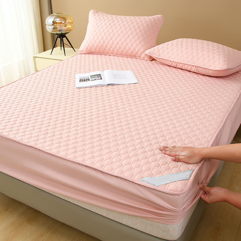 Waterproof Simple Solid Color Fitted Sheet - Pink - 2pcs Pillowcases - 19" x 29" - image 6