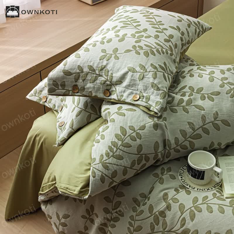 Green Leaf Cotton Button Pillowcases Bedding Set (4PCS)