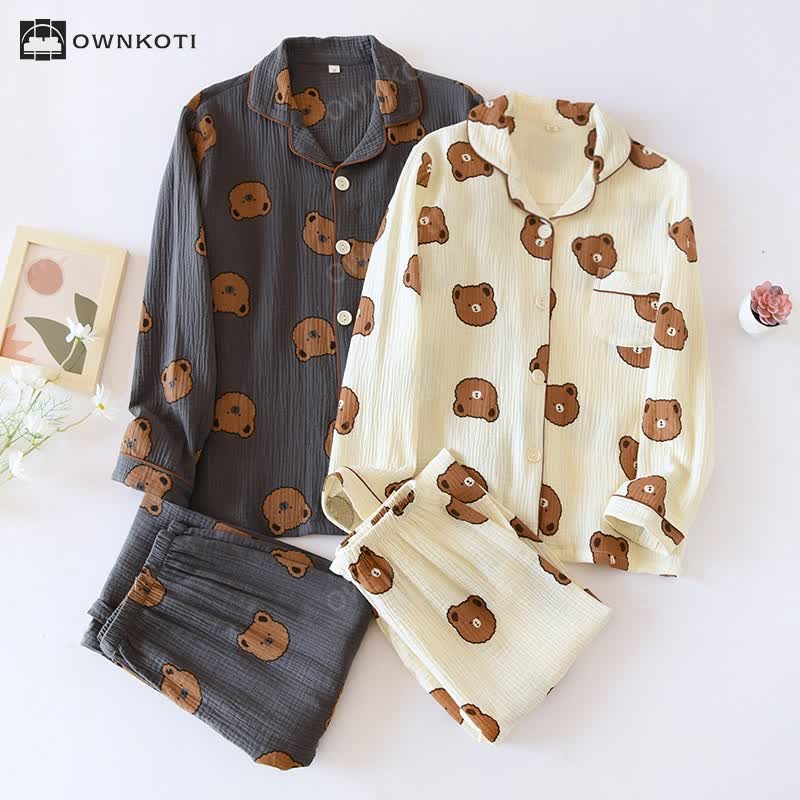 Cotton Gauze Bear Print Pajama Set