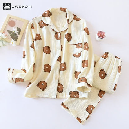 Cotton Gauze Bear Print Pajama Set