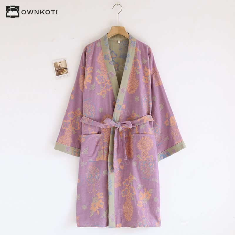 Kimono Jacquard Floral Cotton Gauze Bathrobe