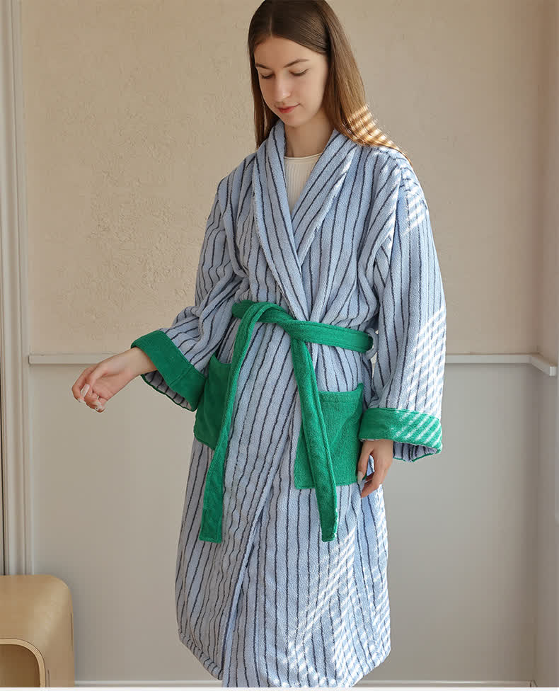 Pure Cotton Colorblock Striped Bathrobe