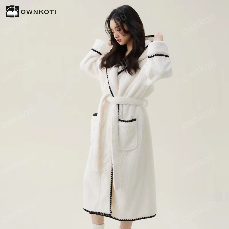 Warm Fleece Hooded Long Bathrobe